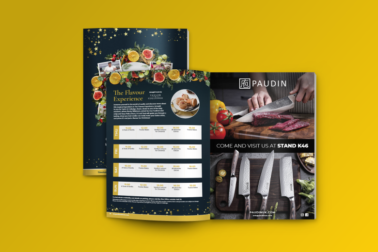 Two magazines on a yellow background. One closed, one open. 